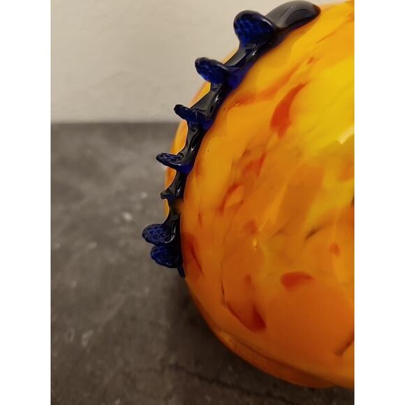 Kralik Art Glass ORANGE Yellow Black Tooled Rigaree SIGNED Made in Cz Chips - Picture 7 of 14